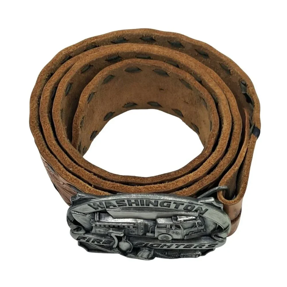 Washington Fire Fighters Belt Buckle & Tooled Leather Belt Vintage Siskiyou Buck